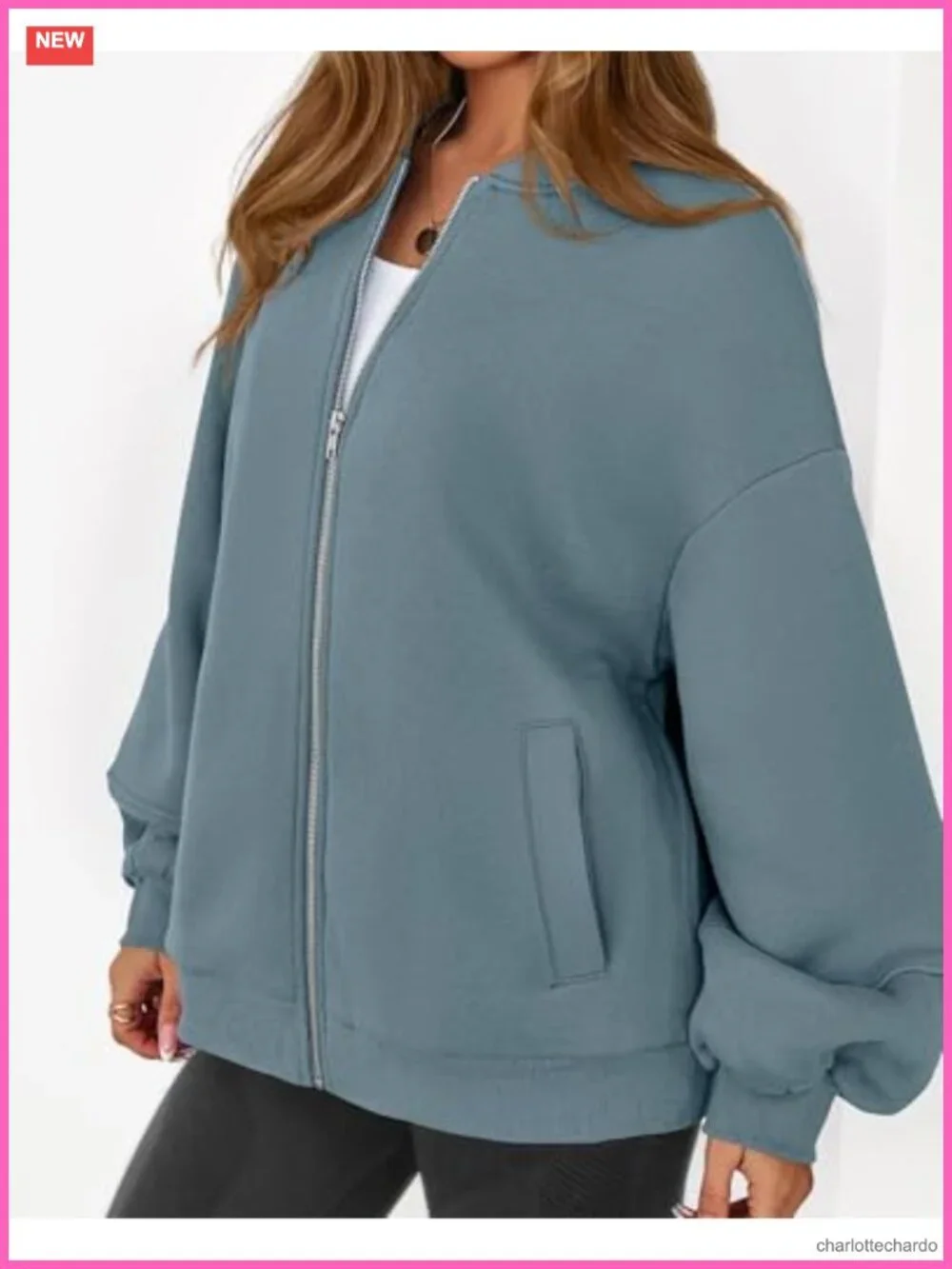Oversized Zip Up Bomber Jacket Women Fleece Lined Sweatshirt with Pockets